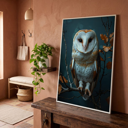 Barn Owl Portrait Canvas Wall Art, Perched on a Branch in white floating frame