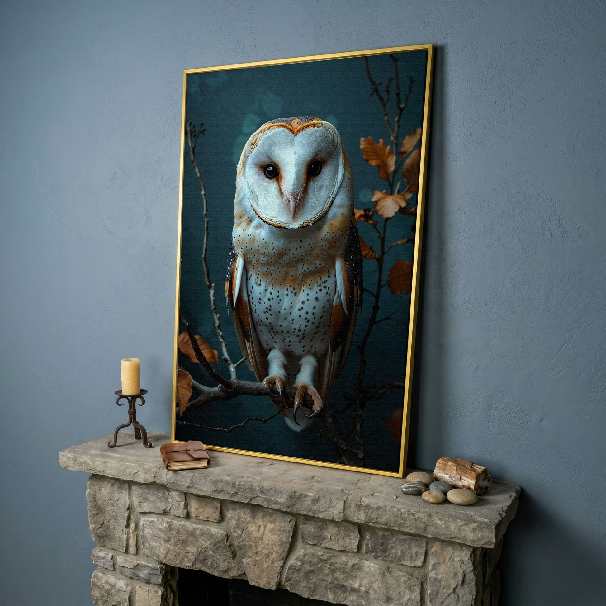 Barn Owl Portrait Canvas Wall Art, Perched on a Branch in yellow gold floating frame