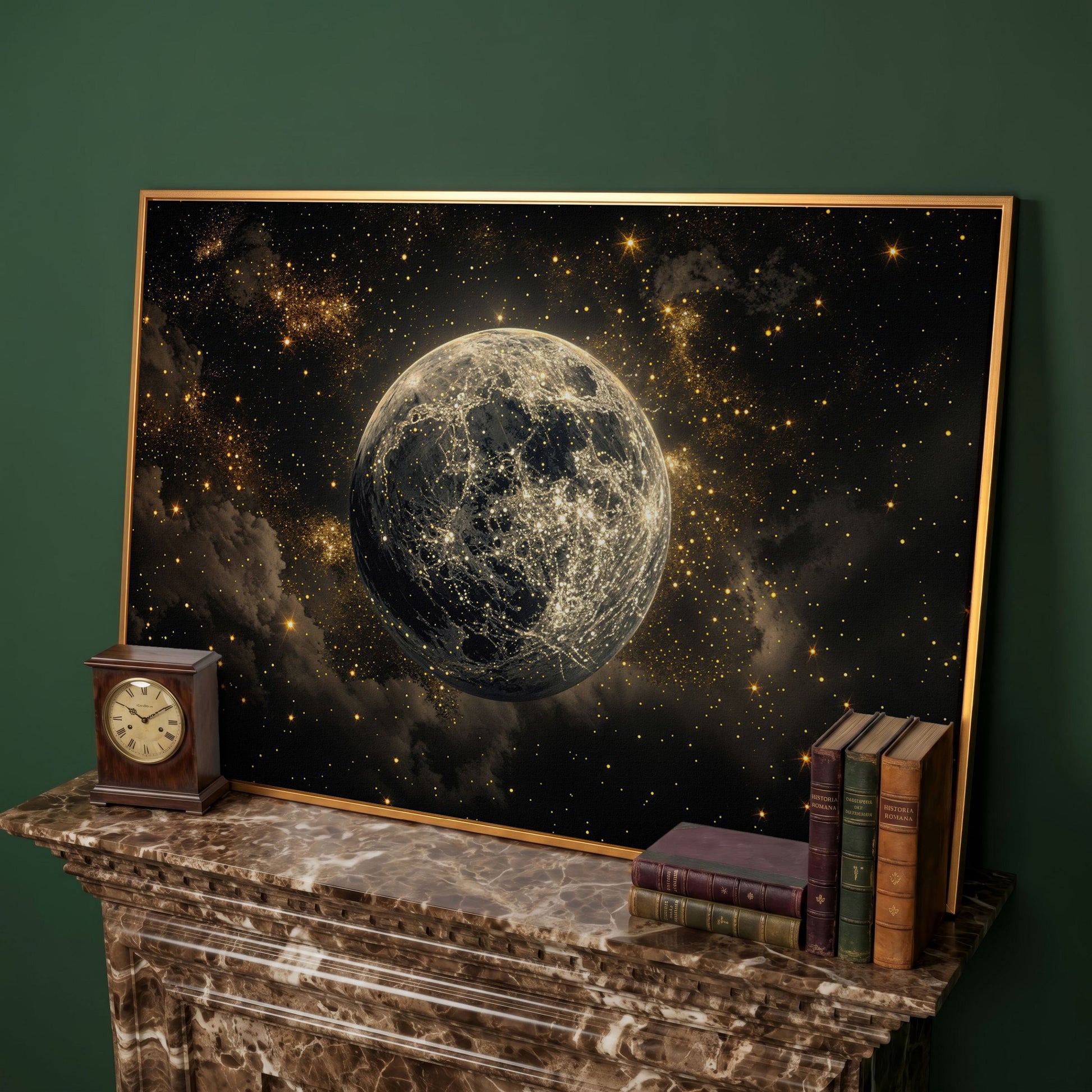 Shimmering Planet Canvas Art with Stars and Nebulae in antique gold floating frame