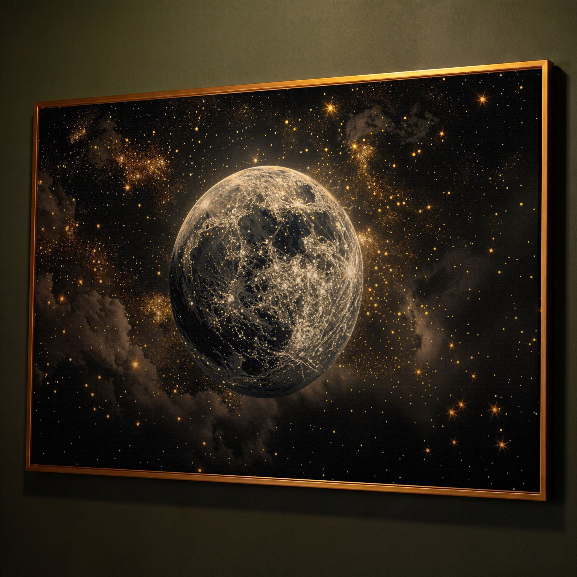 Shimmering Planet Canvas Art with Stars and Nebulae shown in antique gold floating frame