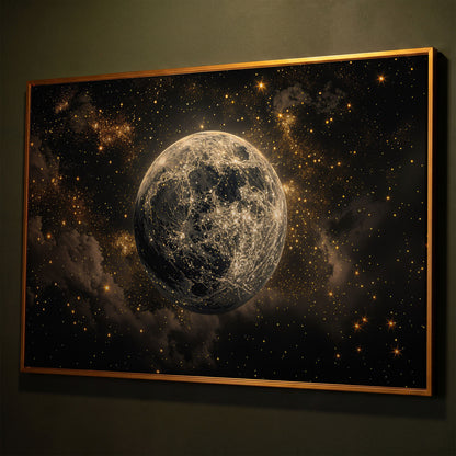 Shimmering Planet Canvas Art with Stars and Nebulae shown in antique gold floating frame