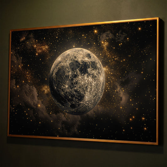 Shimmering Planet Canvas Art with Stars and Nebulae shown in antique gold floating frame