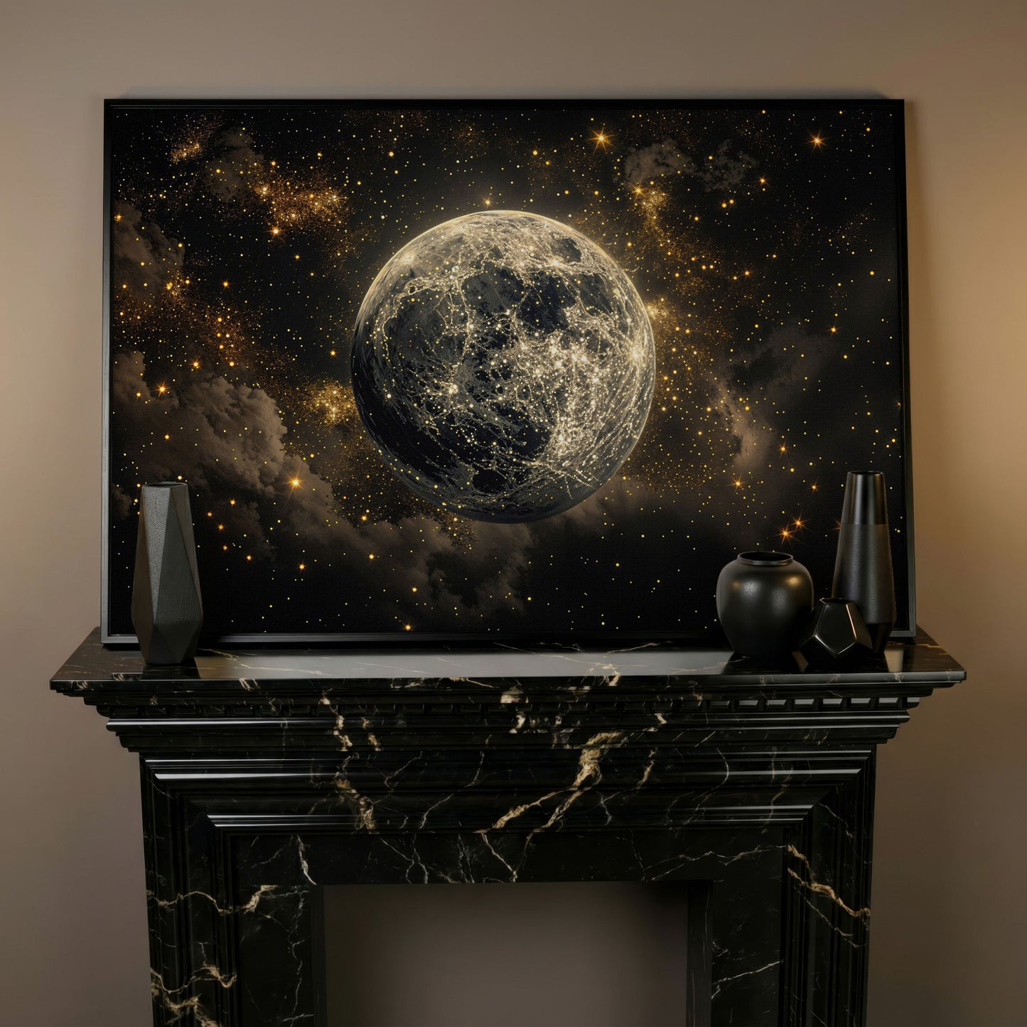 Shimmering Planet Canvas Art with Stars and Nebulae in black floating frame