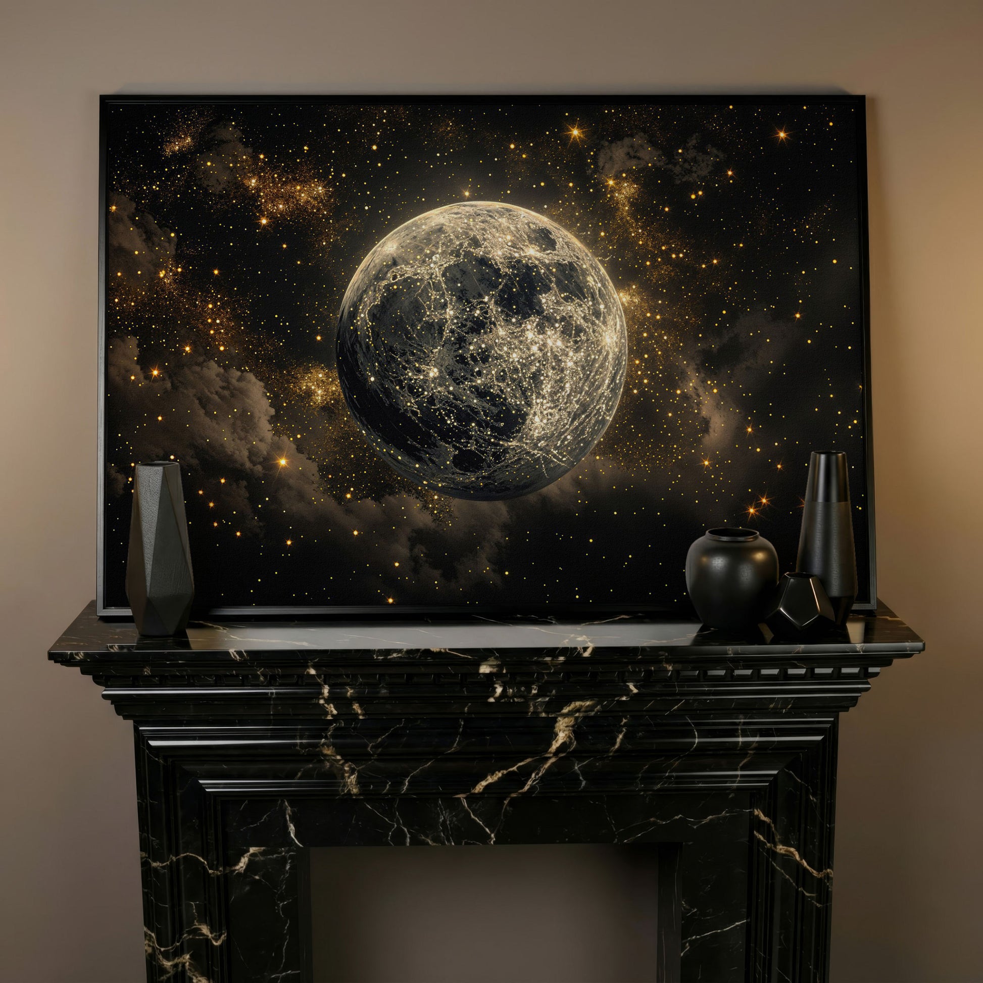 Shimmering Planet Canvas Art with Stars and Nebulae in black floating frame