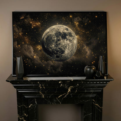 Shimmering Planet Canvas Art with Stars and Nebulae in black floating frame