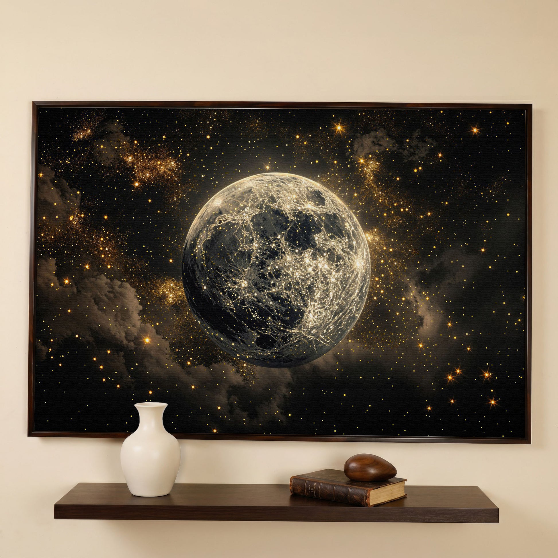 Shimmering Planet Canvas Art with Stars and Nebulae in dark walnut floating frame