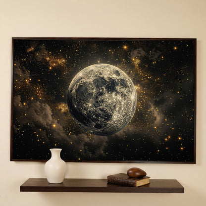 Shimmering Planet Canvas Art with Stars and Nebulae in dark walnut floating frame
