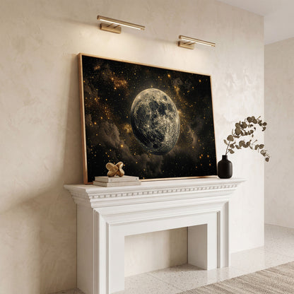 Shimmering Planet Canvas Art with Stars and Nebulae in white oak floating frame