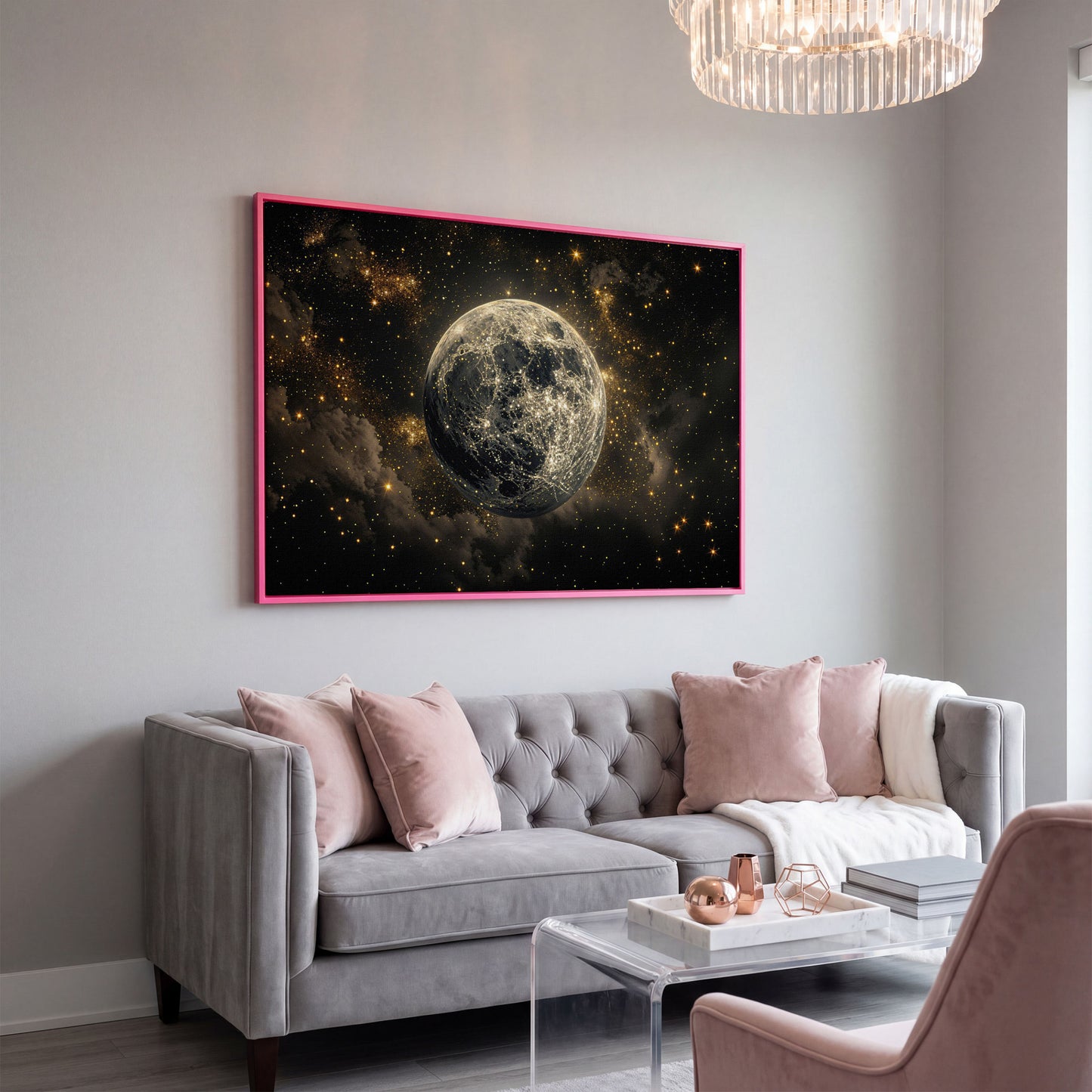 Shimmering Planet Canvas Art with Stars and Nebulae in pink floating frame