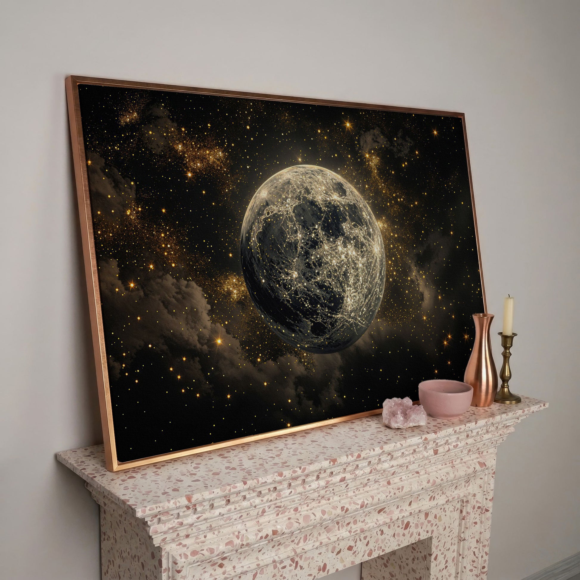 Shimmering Planet Canvas Art with Stars and Nebulae in rose gold floating frame