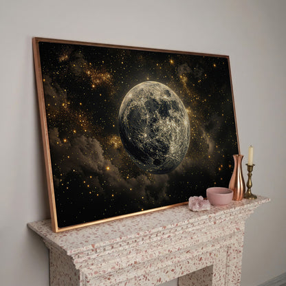 Shimmering Planet Canvas Art with Stars and Nebulae in rose gold floating frame