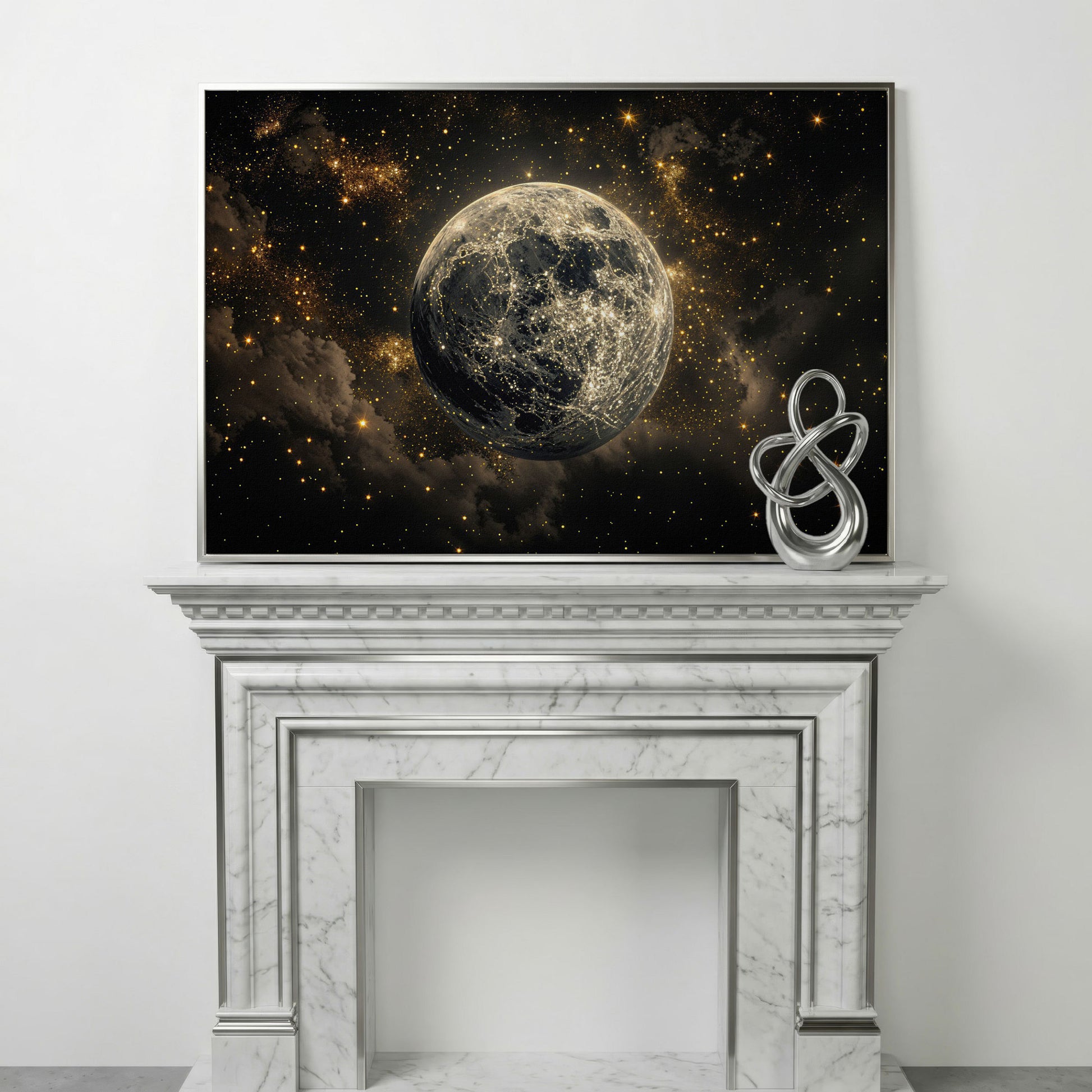 Shimmering Planet Canvas Art with Stars and Nebulae in silver floating frame