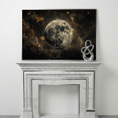 Shimmering Planet Canvas Art with Stars and Nebulae in silver floating frame