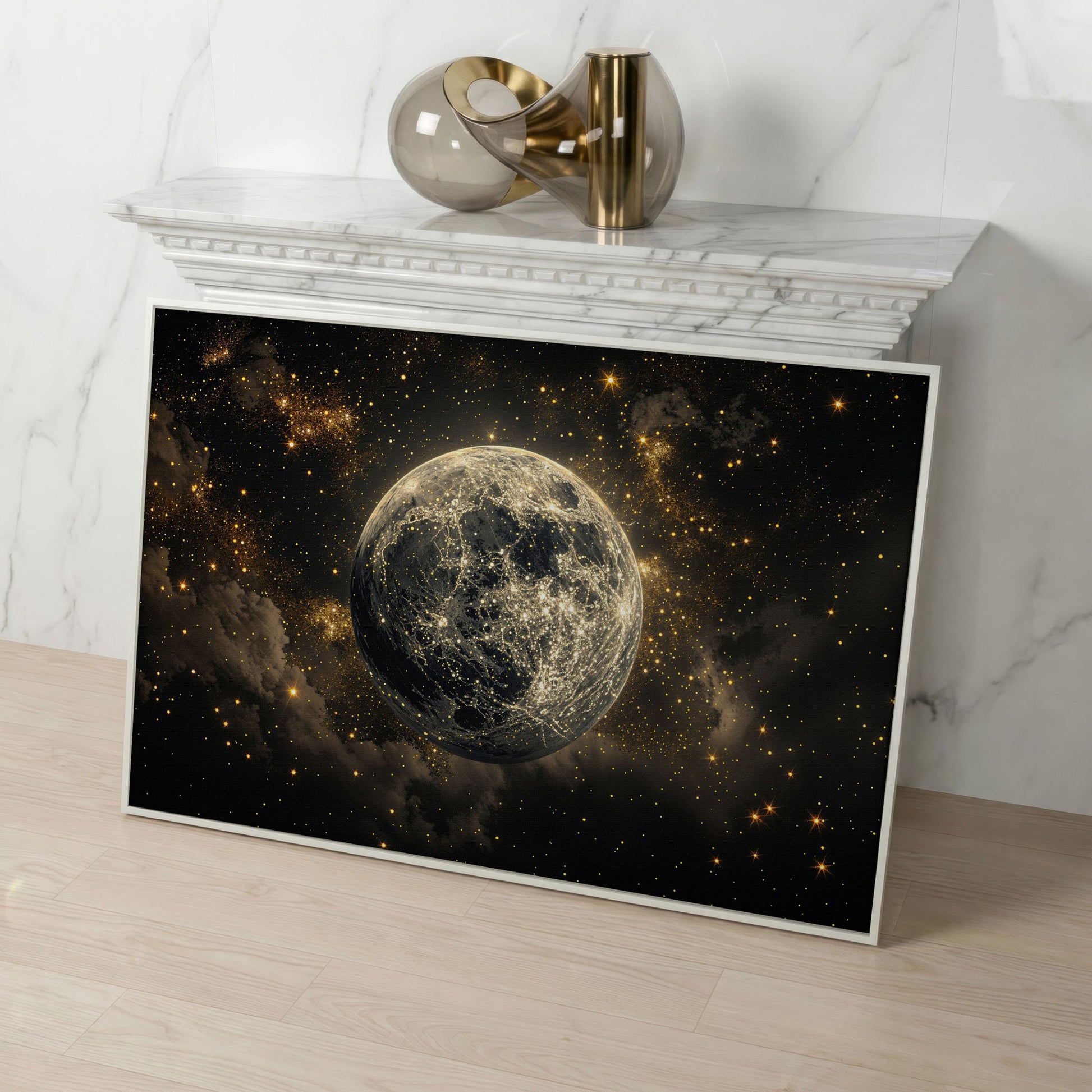 Shimmering Planet Canvas Art with Stars and Nebulae in white floating frame
