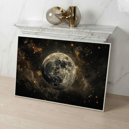 Shimmering Planet Canvas Art with Stars and Nebulae in white floating frame
