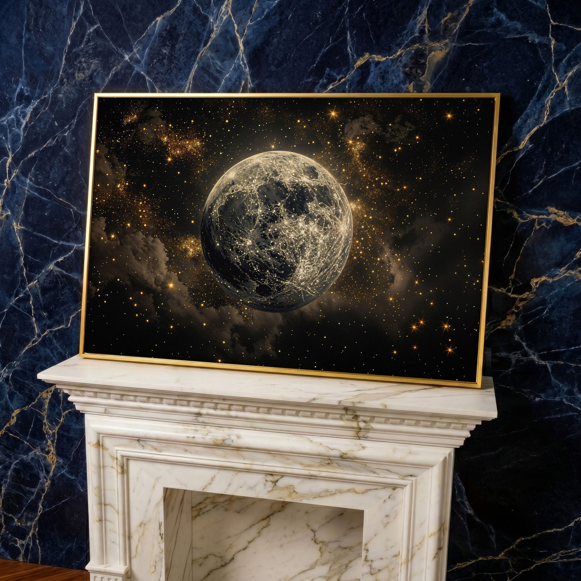 Shimmering Planet Canvas Art with Stars and Nebulae in yellow gold floating frame