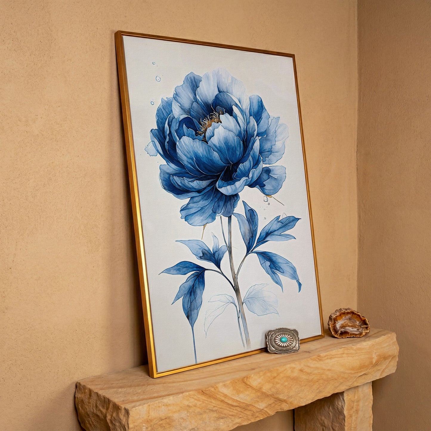 Blue Peony Canvas Wall Art, Single Flower Botanical Portrait in antique gold floating frame