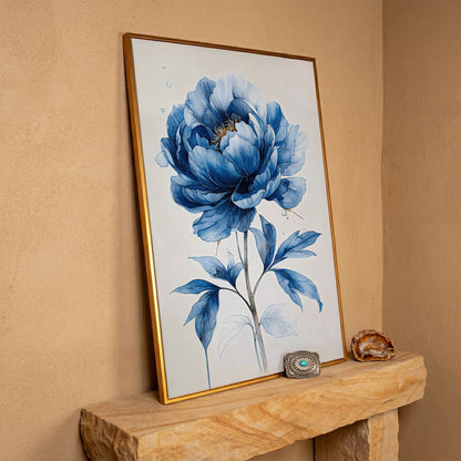 Blue Peony Canvas Wall Art, Single Flower Botanical Portrait in antique gold floating frame