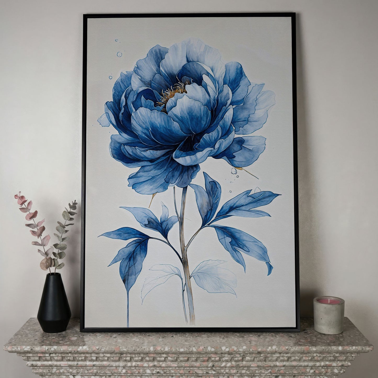 Blue Peony Canvas Wall Art, Single Flower Botanical Portrait in black floating frame