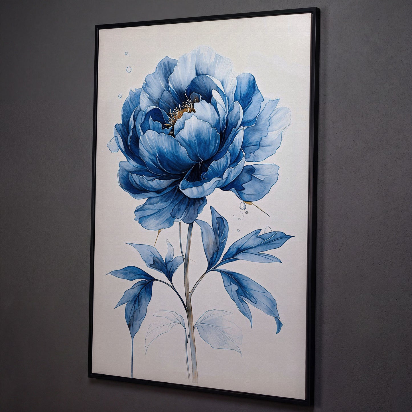 Blue Peony Canvas Wall Art, Single Flower Botanical Portrait shown in black floating frame