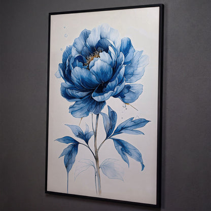 Blue Peony Canvas Wall Art, Single Flower Botanical Portrait shown in black floating frame
