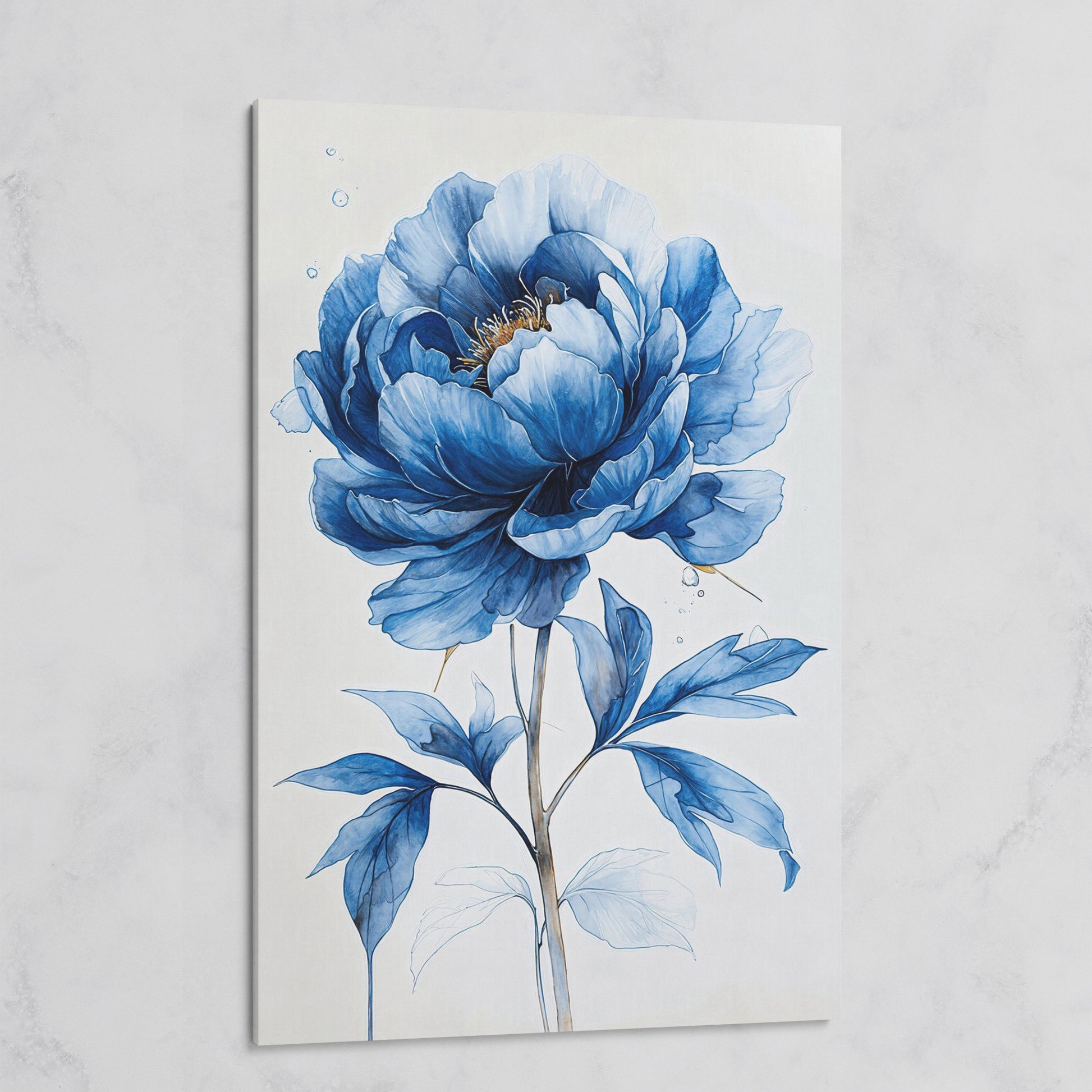 Blue Peony Canvas Wall Art, Single Flower Botanical Portrait on gallery wrap