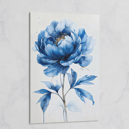 Blue Peony Canvas Wall Art, Single Flower Botanical Portrait on gallery wrap