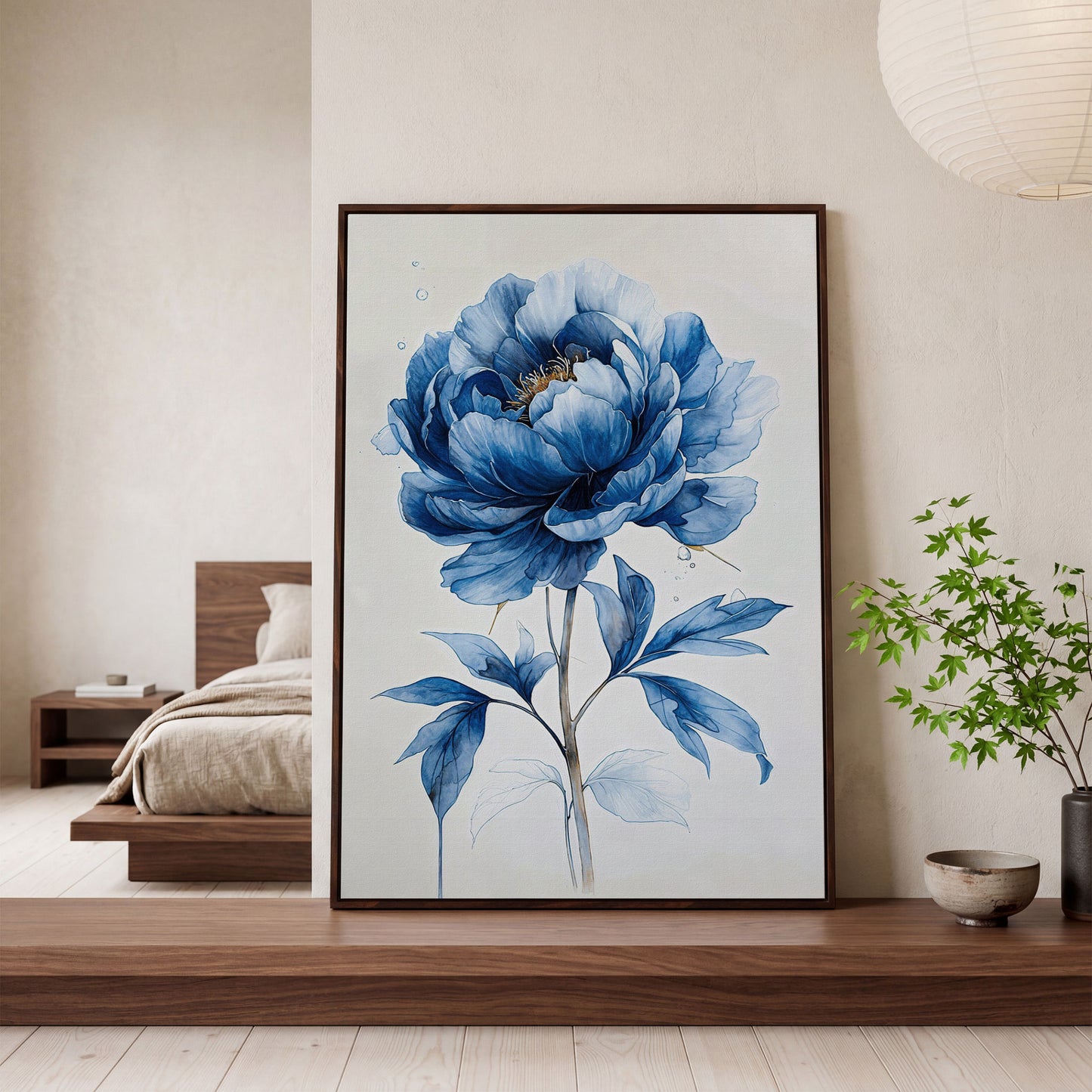 Blue Peony Canvas Wall Art, Single Flower Botanical Portrait in dark walnut floating frame