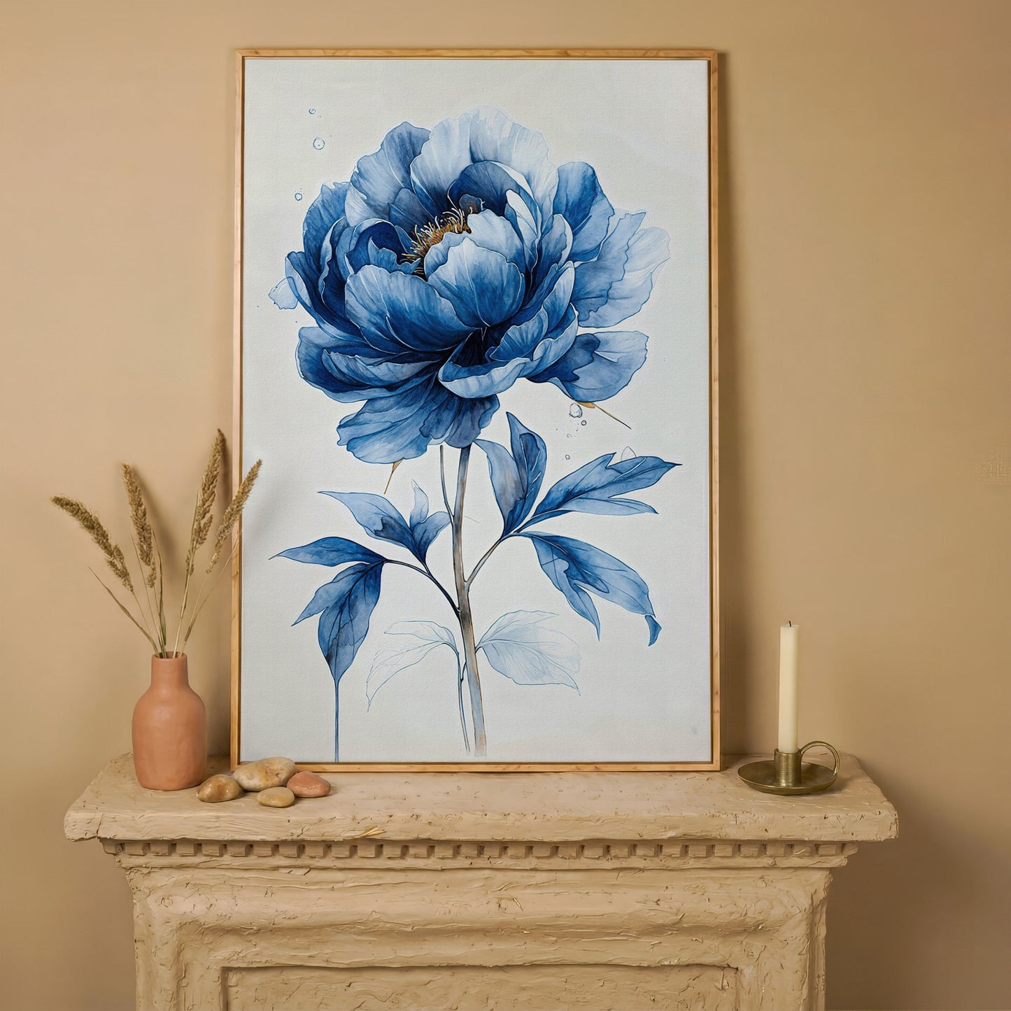 Blue Peony Canvas Wall Art, Single Flower Botanical Portrait in white oak floating frame