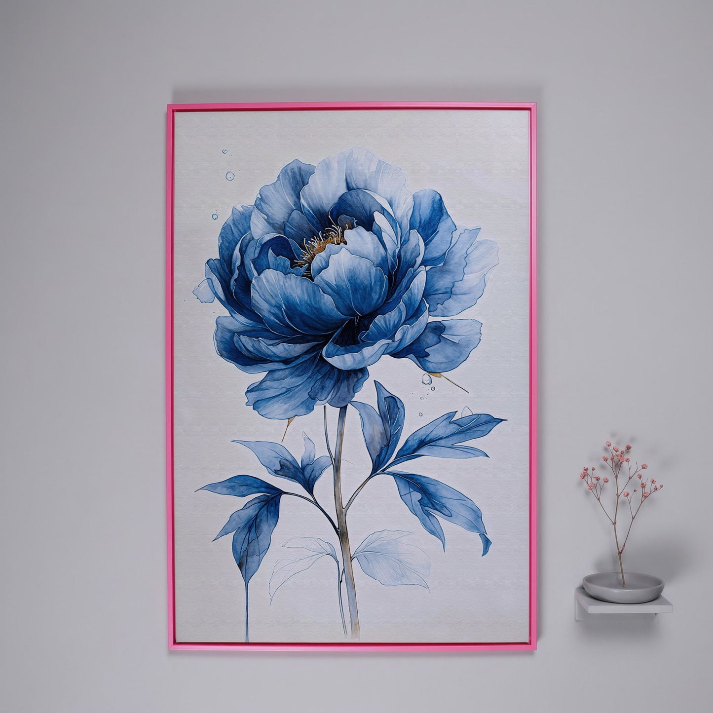 Blue Peony Canvas Wall Art, Single Flower Botanical Portrait in pink floating frame