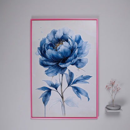 Blue Peony Canvas Wall Art, Single Flower Botanical Portrait in pink floating frame