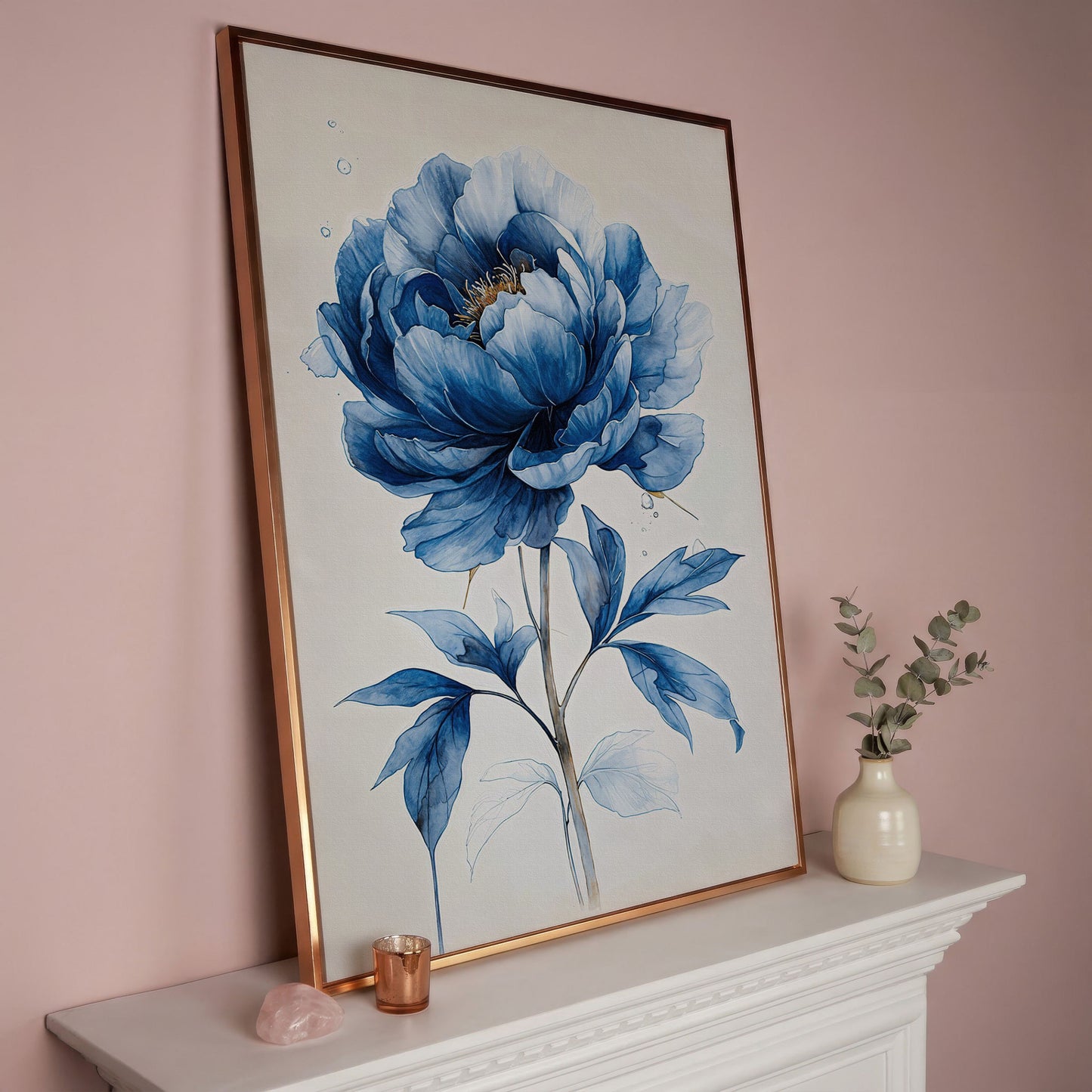 Blue Peony Canvas Wall Art, Single Flower Botanical Portrait in rose gold floating frame