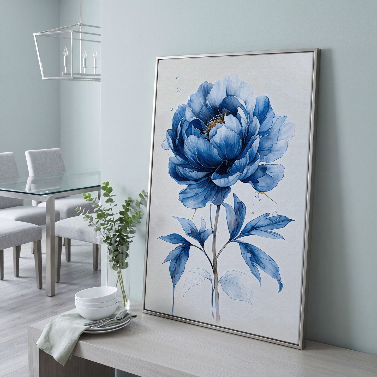 Blue Peony Canvas Wall Art, Single Flower Botanical Portrait in silver floating frame