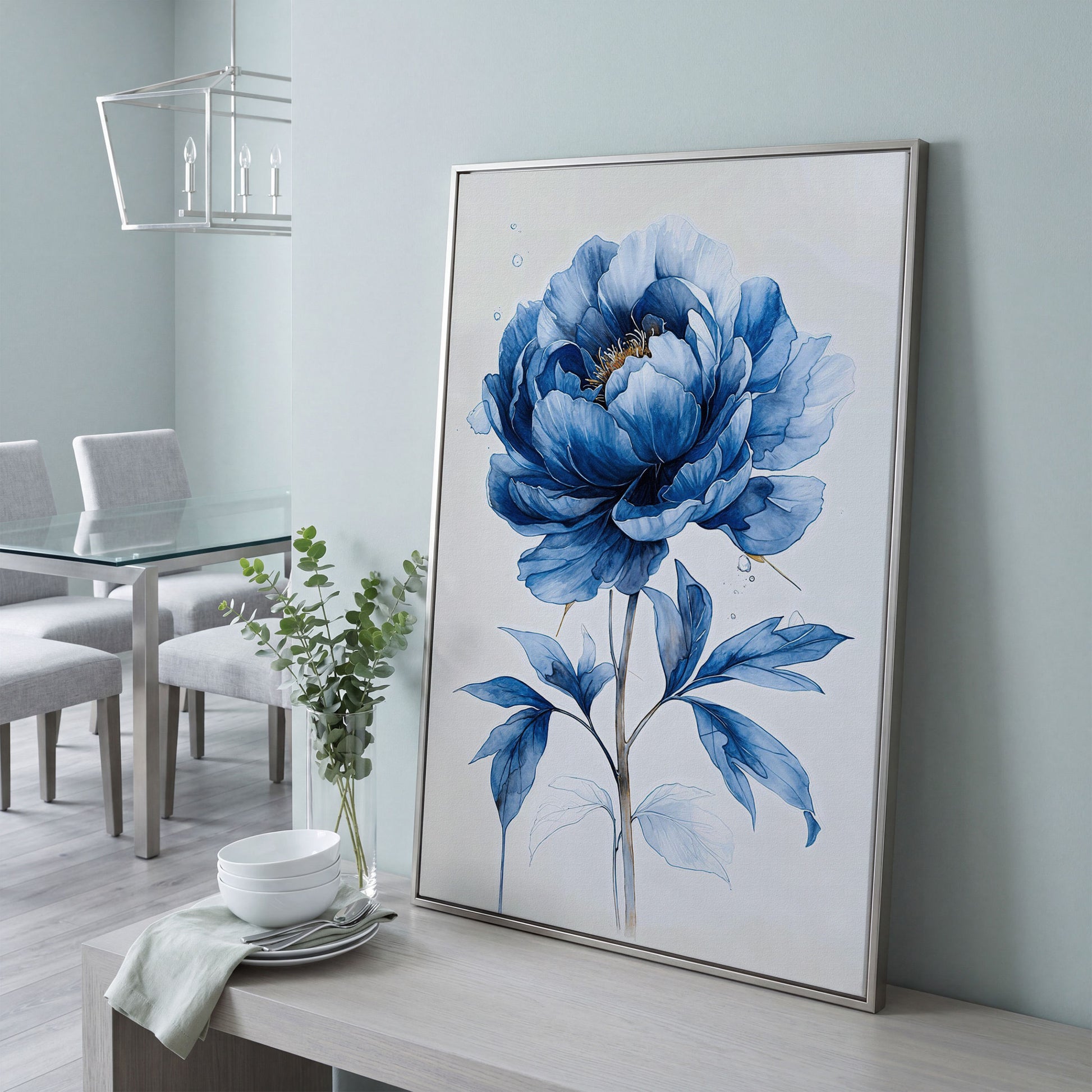Blue Peony Canvas Wall Art, Single Flower Botanical Portrait in silver floating frame