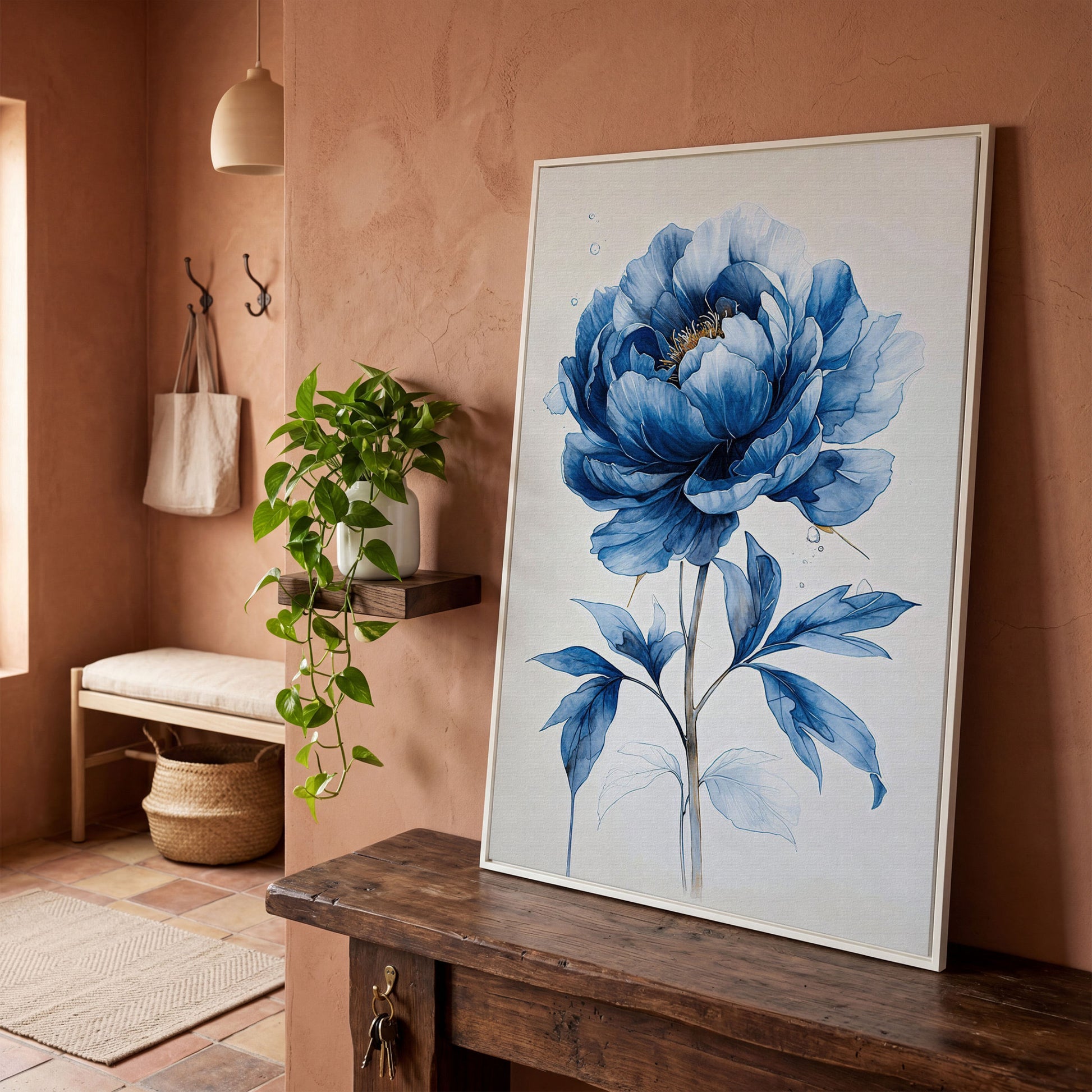 Blue Peony Canvas Wall Art, Single Flower Botanical Portrait in white floating frame