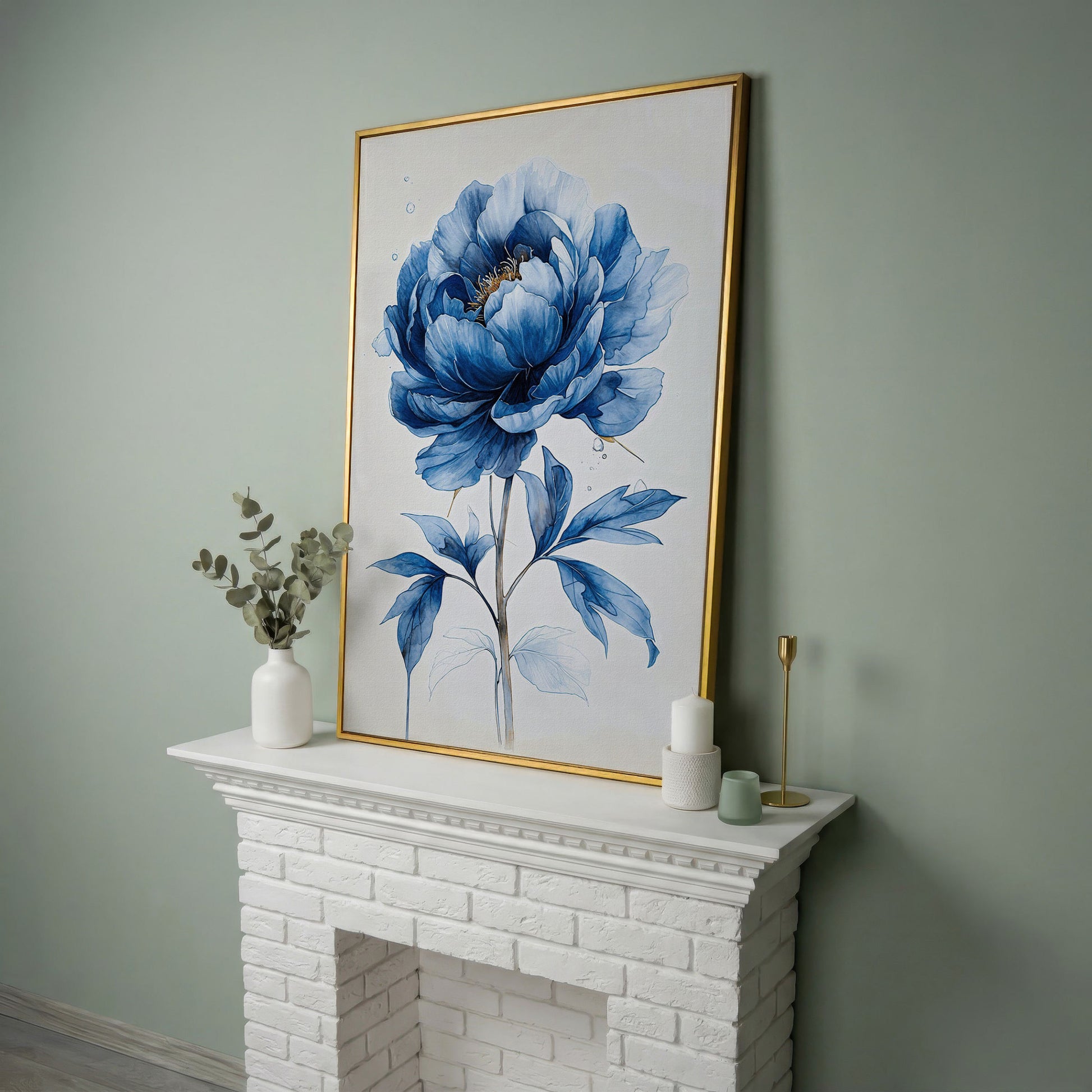 Blue Peony Canvas Wall Art, Single Flower Botanical Portrait in yellow gold floating frame