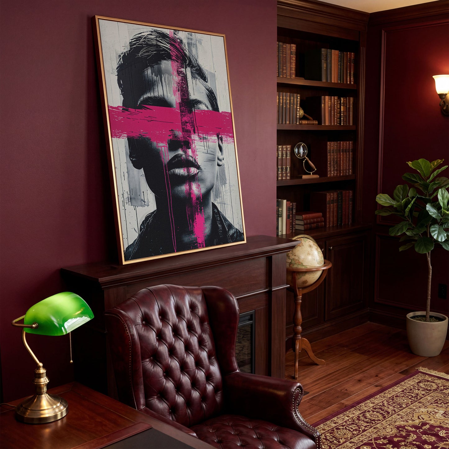 Intense Emotion Face Canvas Print with Black and Pink Streak in antique gold floating frame