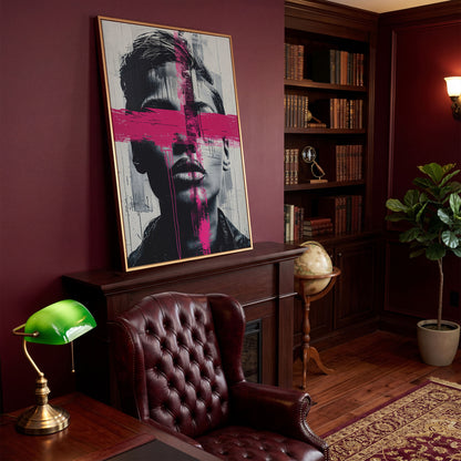 Intense Emotion Face Canvas Print with Black and Pink Streak in antique gold floating frame