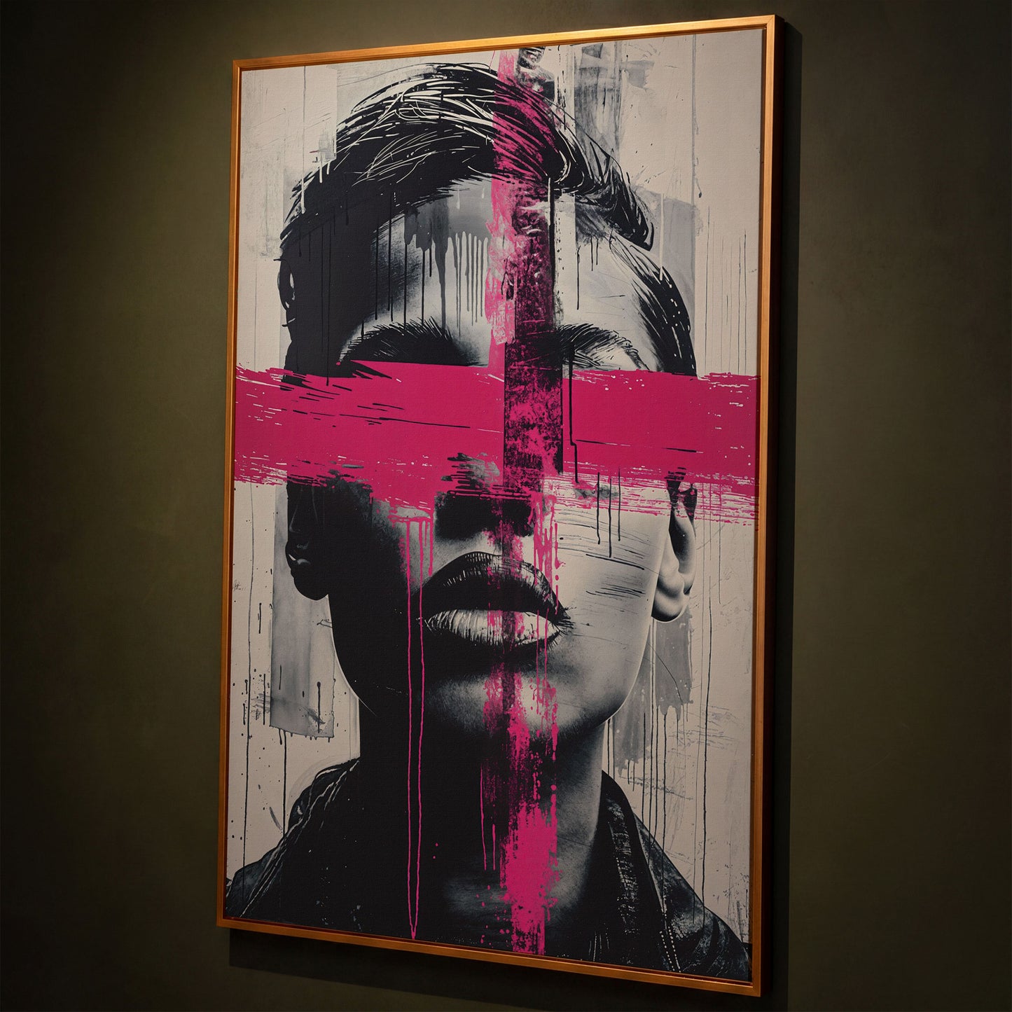 Intense Emotion Face Canvas Print with Black and Pink Streak shown in antique gold floating frame