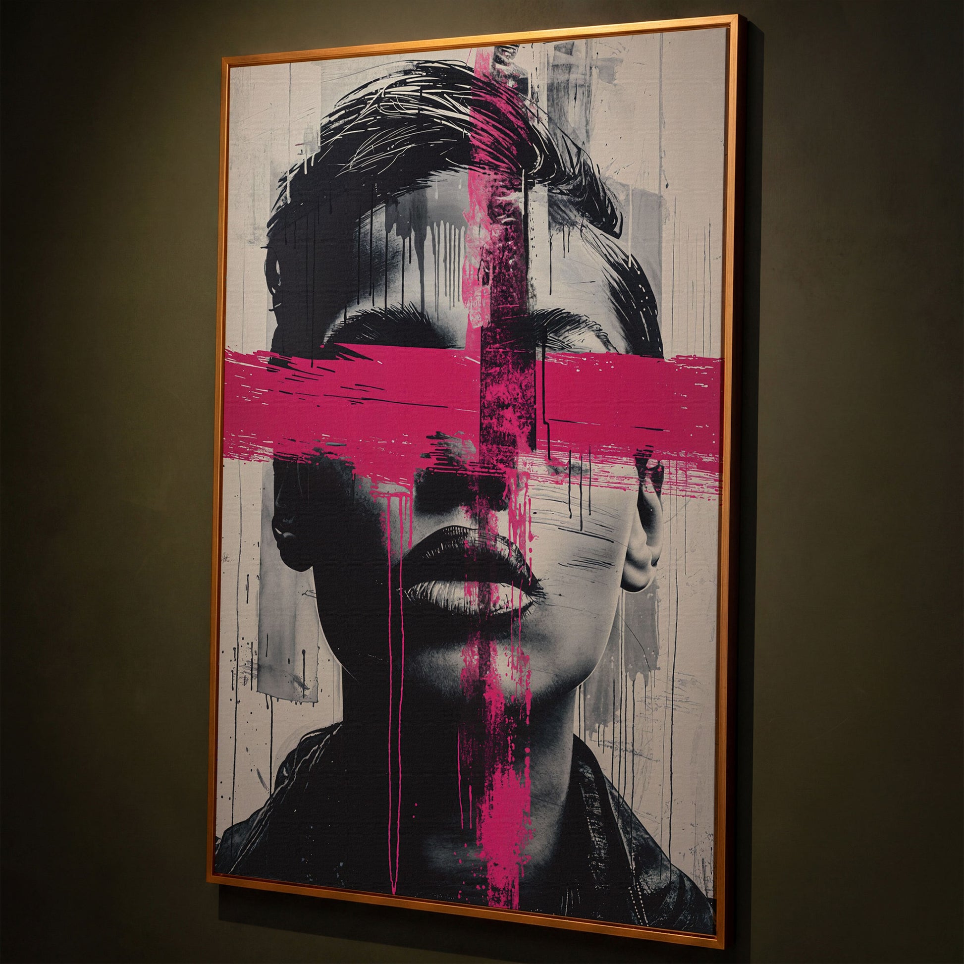 Intense Emotion Face Canvas Print with Black and Pink Streak shown in antique gold floating frame