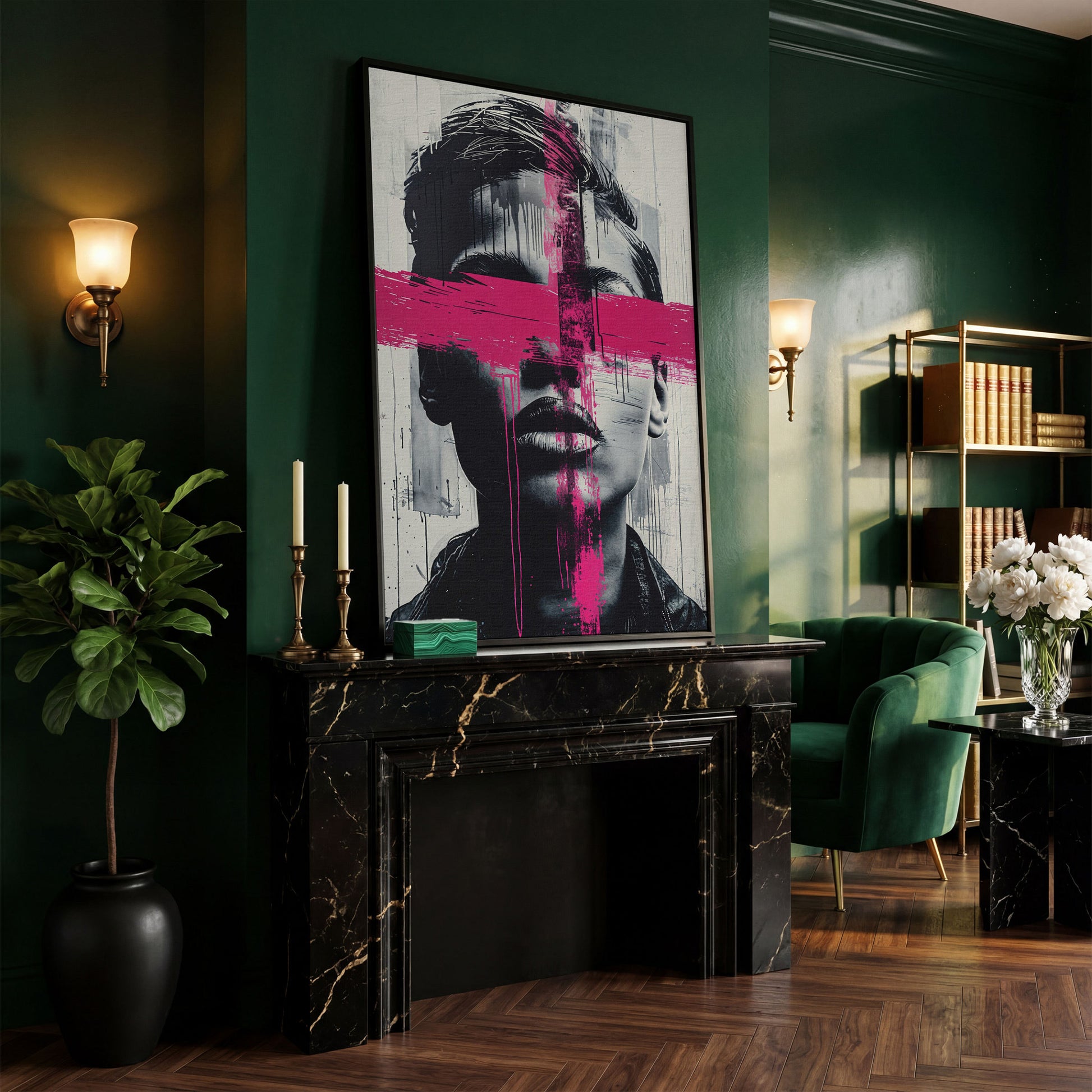 Intense Emotion Face Canvas Print with Black and Pink Streak in black floating frame