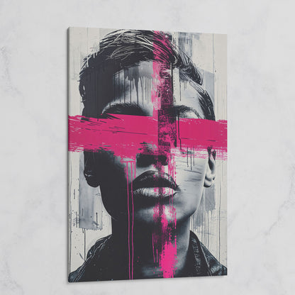 Intense Emotion Face Canvas Print with Black and Pink Streak on gallery wrap