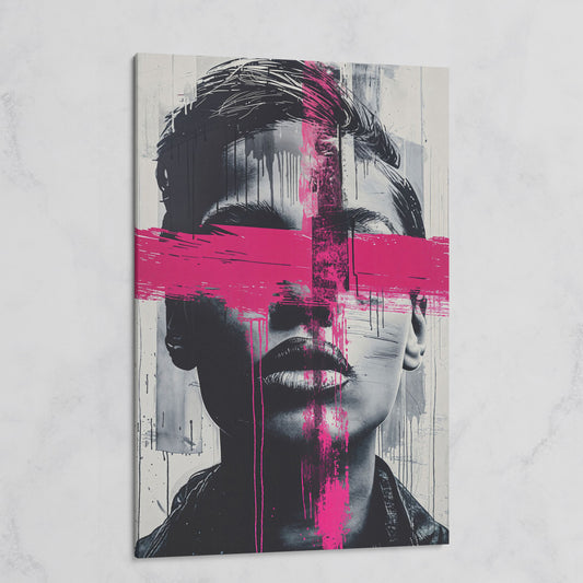 Intense Emotion Face Canvas Print with Black and Pink Streak on gallery wrap