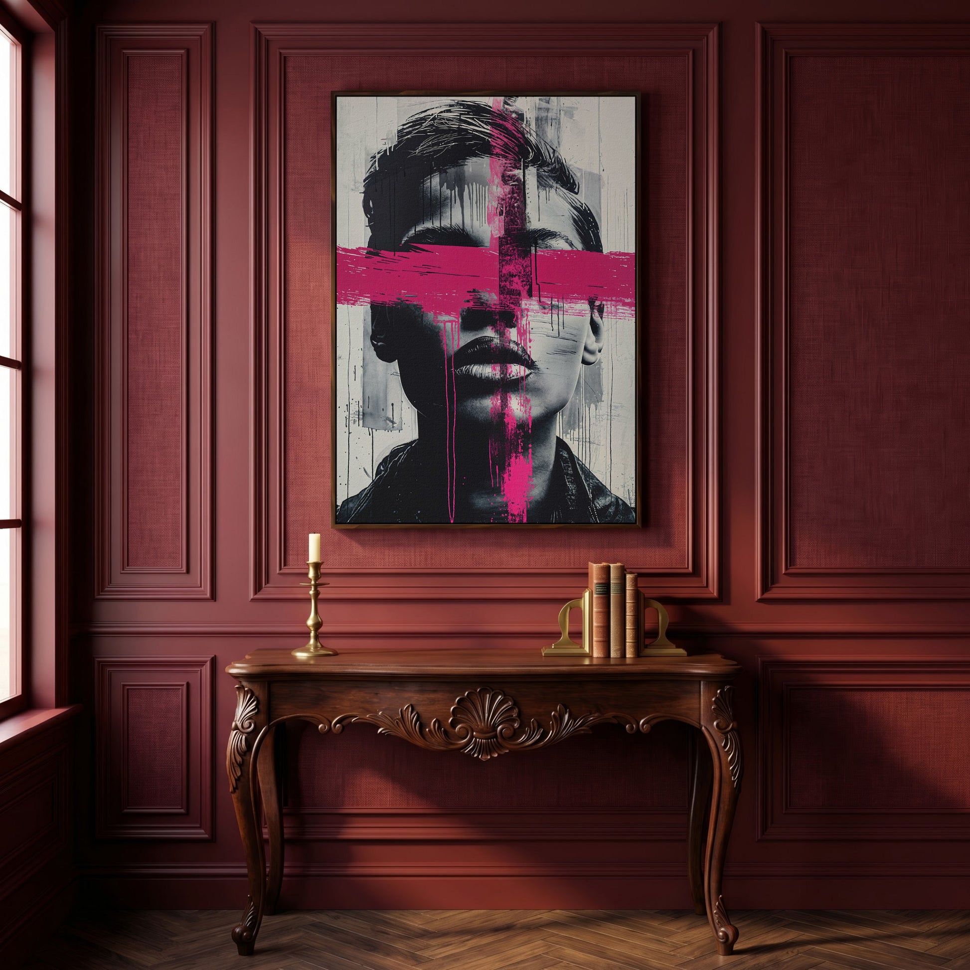 Intense Emotion Face Canvas Print with Black and Pink Streak in dark walnut floating frame