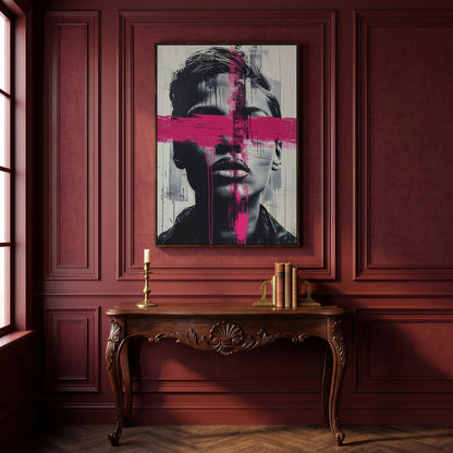 Intense Emotion Face Canvas Print with Black and Pink Streak in dark walnut floating frame