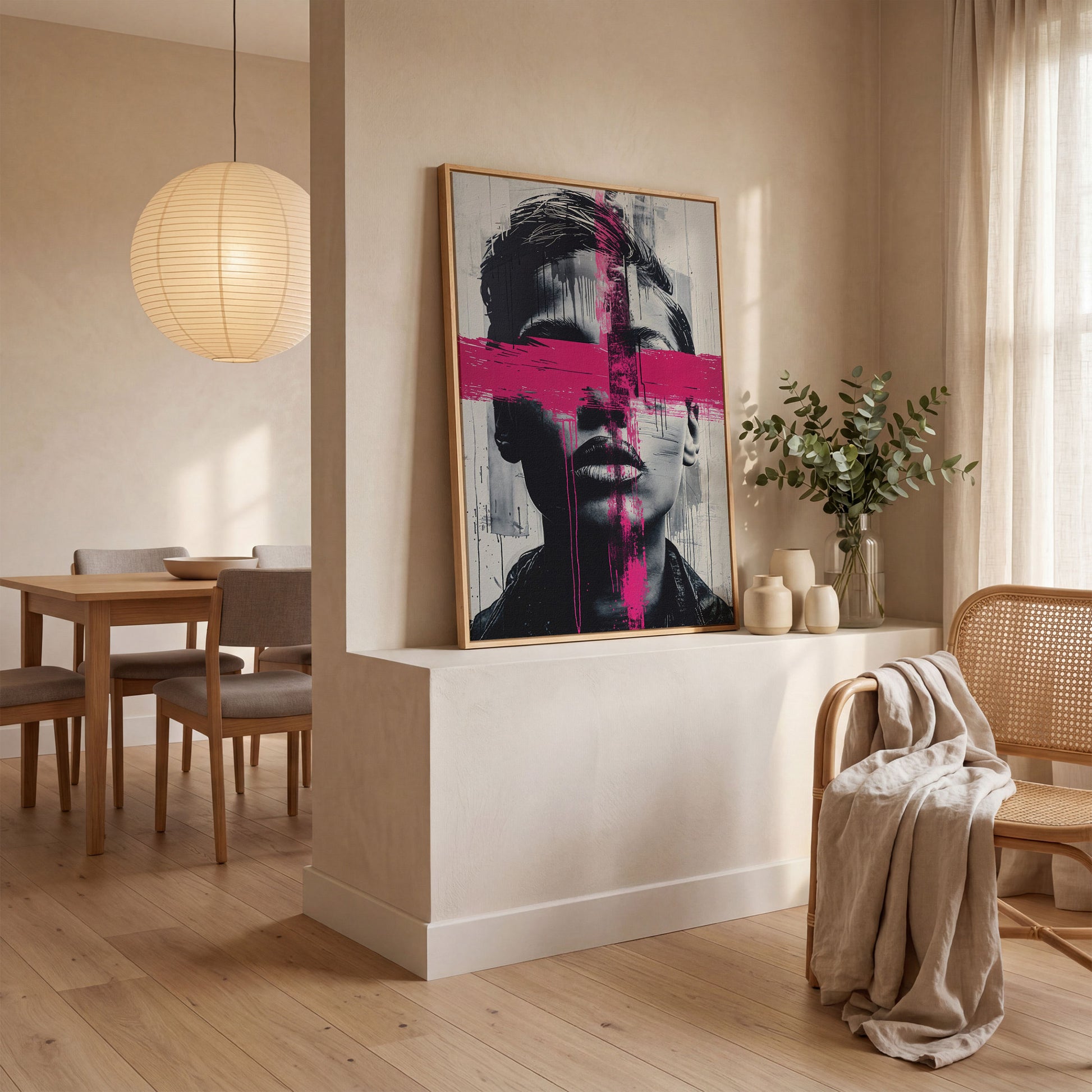 Intense Emotion Face Canvas Print with Black and Pink Streak in white oak floating frame