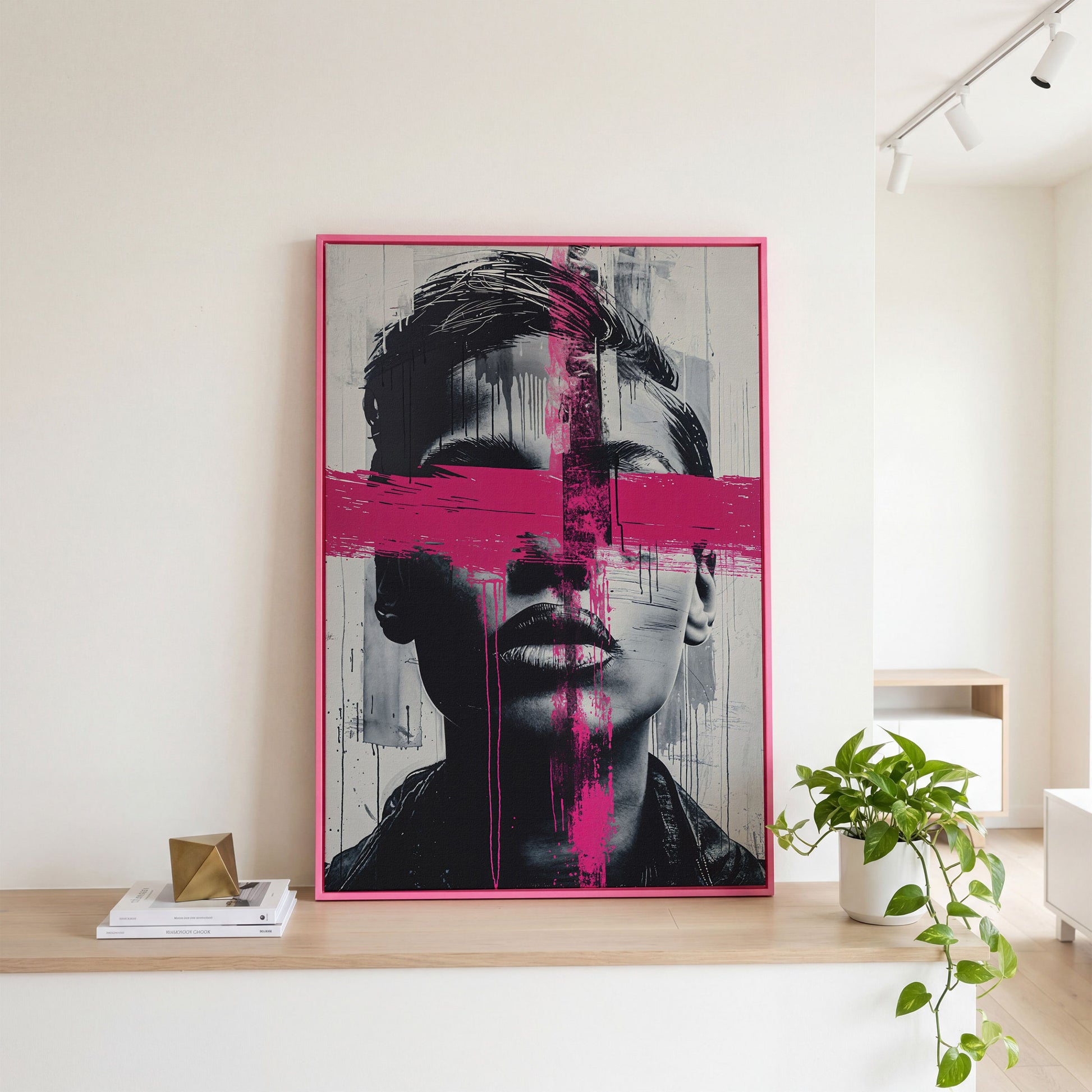 Intense Emotion Face Canvas Print with Black and Pink Streak in pink floating frame