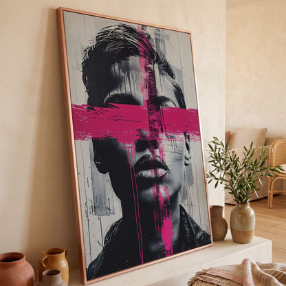 Intense Emotion Face Canvas Print with Black and Pink Streak in rose gold floating frame