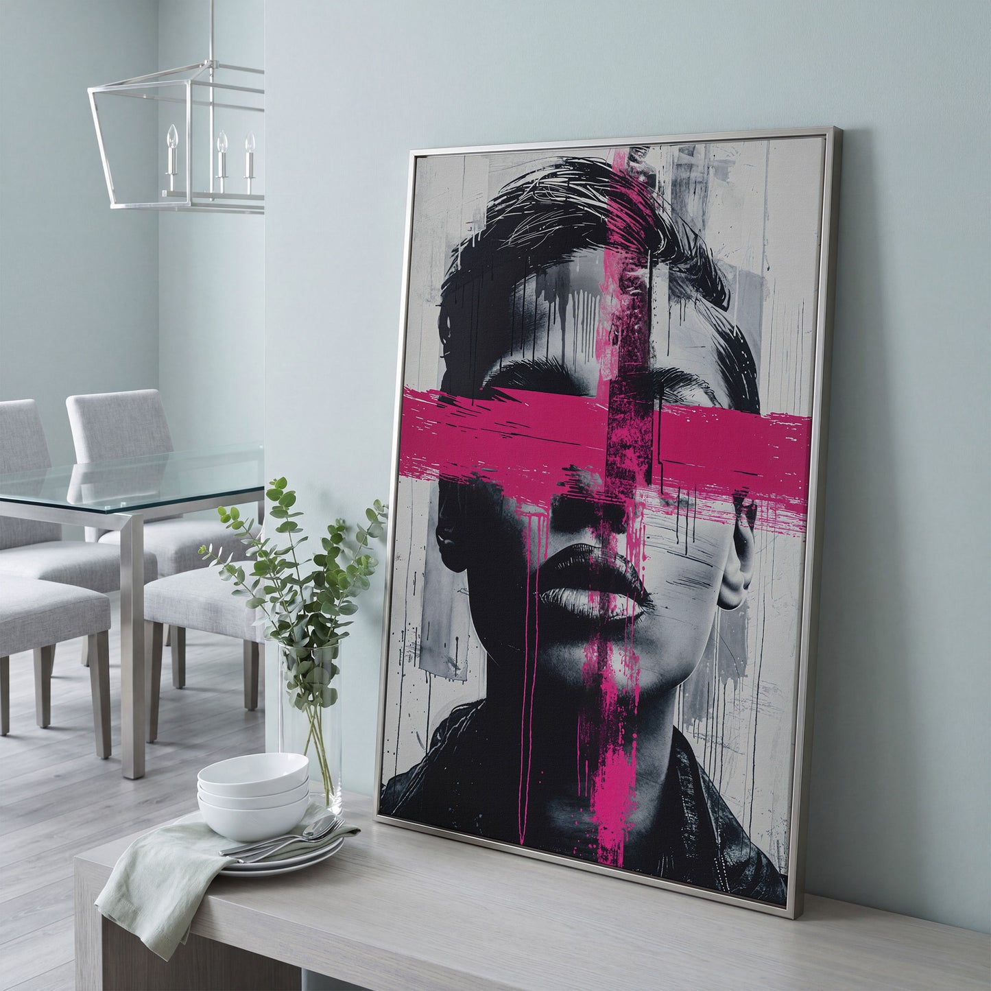 Intense Emotion Face Canvas Print with Black and Pink Streak in silver floating frame