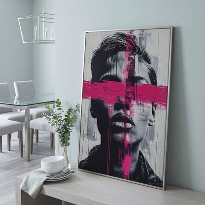 Intense Emotion Face Canvas Print with Black and Pink Streak in silver floating frame